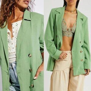NWOT Free People Blazer Jacket Linen Double Breasted Grassland Green Sz Medium